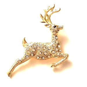 REINDEER GOLD PIN, WITH SCATTERED CRYSTALS AND GRE